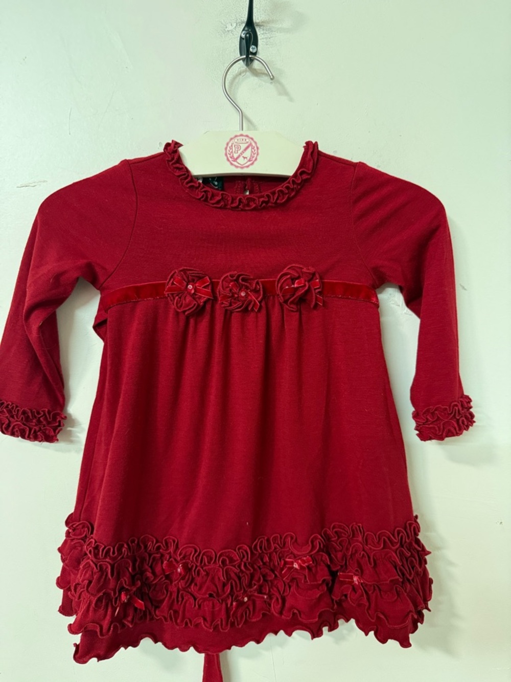Biscotti Deep Red Ruffle Rosette Baby Dress Y2K
